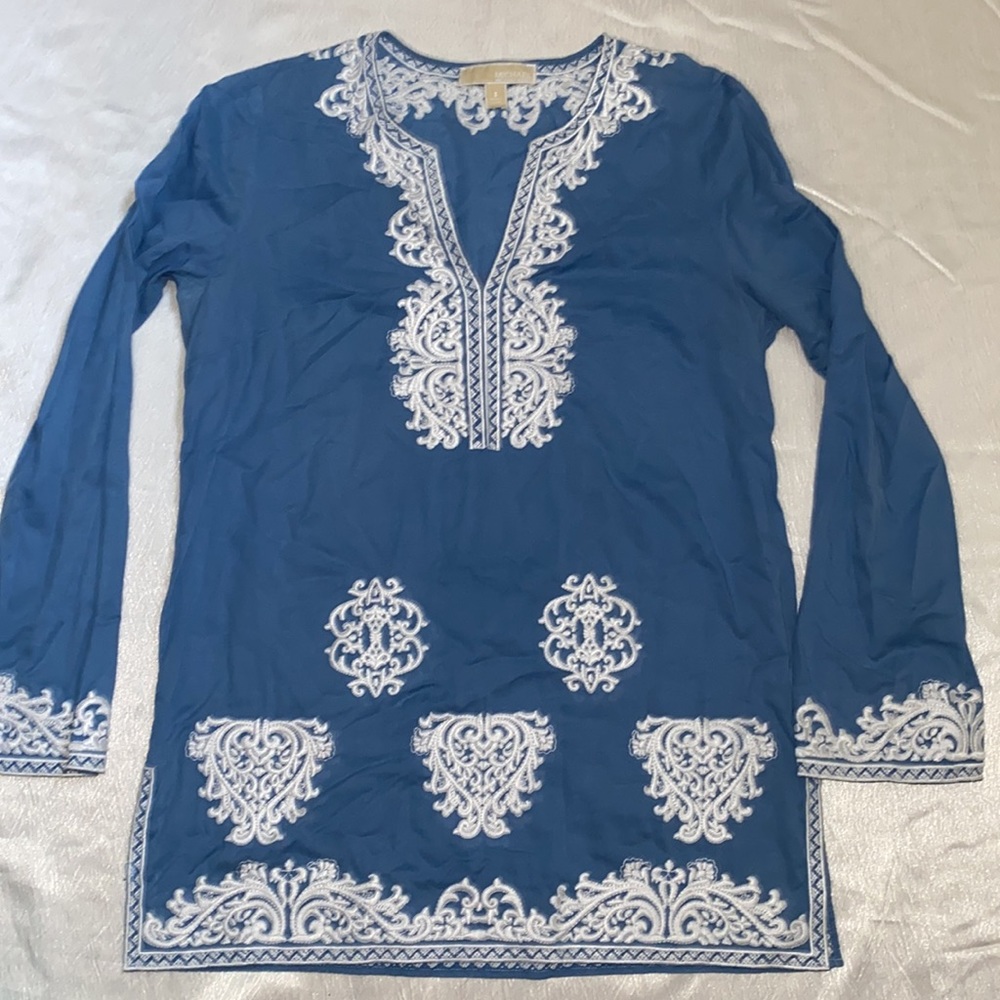 MICHAEL KORS blue tunic dress top embroidery women small